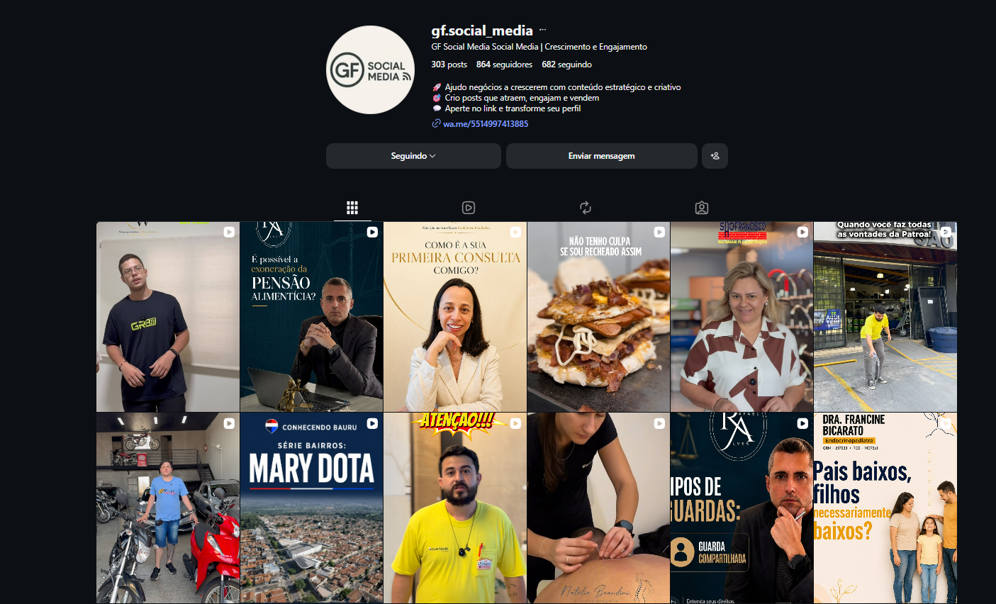 Perfil da GF Social Media e trabalhos desenvolvidos para clientes